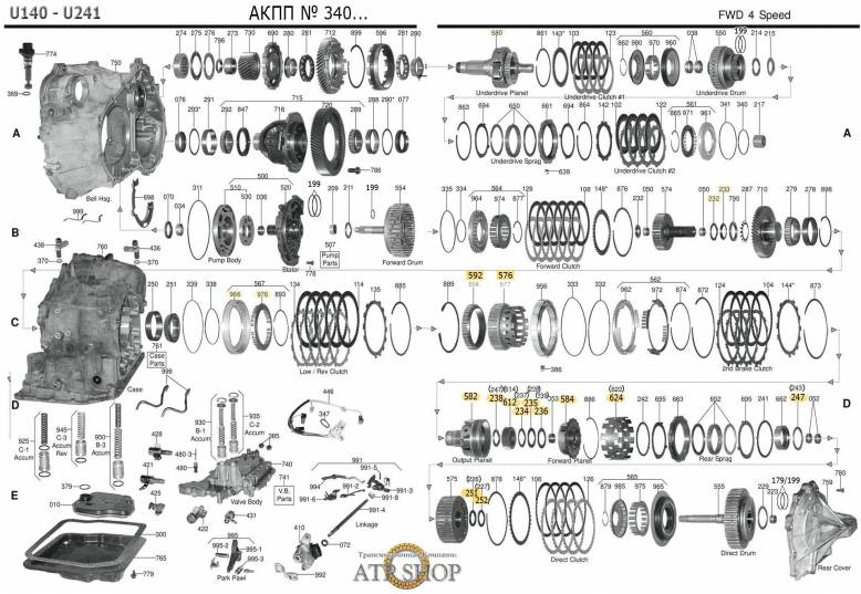 акпп U140-240, 241 CALDINA CAMRY ESTIMA HARRIER HIGHLANDER KLUGER V WINDOM ES300...